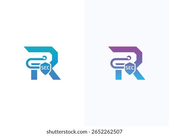 cybersecurity logo r letter with security shield tech brand design