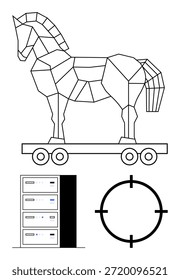 Cybersicherheit, Malware-Erkennung, digitale Bedrohungen, Netzwerksicherheit, Hacking, Datenschutz. Geometrisches Trojanisches Pferd, Serverspeicher und Fadenkreuz-Symbol. Konzept zur Sensibilisierung für Cybersicherheit und Malware