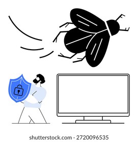 Ciberseguridad, protección contra malware, seguridad en línea, seguridad de datos, defensa digital, amenazas de virus. Persona que sostiene el escudo con el ícono de la cerradura, el bicho Grande y el monitor de escritorio. Ciberseguridad y malware