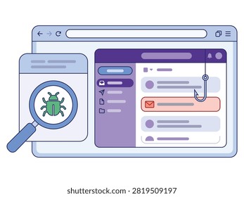 Cybersecurity malware scanning vector illustration featuring browser dashboard virus detection and security analysis interface ideal for antivirus software web protection technology presentations and digital marketing materials