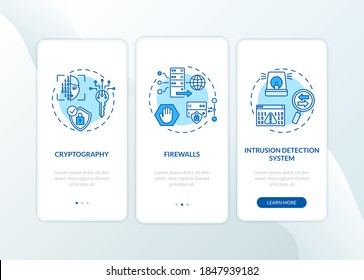 Cybersecurity measures onboarding mobile app page screen with concepts. Cryptography, intrusion detection walkthrough 3 steps graphic instructions. UI vector template with RGB color illustrations