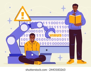 Cybersecurity men concept. Young guys with computer with code. Antivirus and protection of personal data on internet. Programmers and IT specialists. Cartoon flat vector illustration