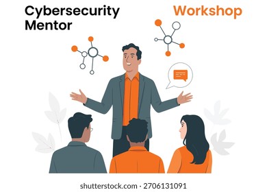 Um mentor de segurança cibernética orienta um workshop para profissionais, explicando conceitos de segurança de rede. Concentre-se em proteção digital, prevenção de ameaças e estratégias de ciberdefesa.