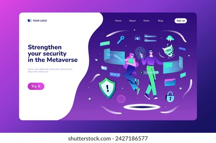 Ciberseguridad en metaverso landing page. Las personas planas en gafas de realidad virtual y robot de aire resuelven el problema de la protección de datos. Los personajes vuelan con un asistente robótico en el espacio futurista y se protegen del ciberataque