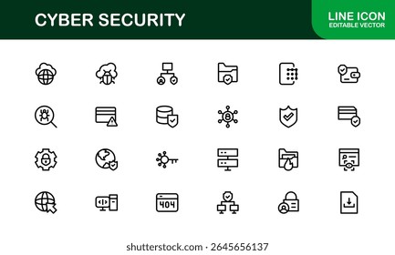 Cybersecurity Modern Line Icon Set (em inglês). Proteja ativos digitais com nossa coleção premium: segurança de rede, proteção de dados, privacidade e recursos básicos de segurança on-line.