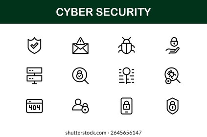Cybersecurity Modern Line Icon Set (em inglês). Proteja ativos digitais com nossa coleção premium: segurança de rede, proteção de dados, privacidade e recursos básicos de segurança on-line.