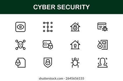 Cybersecurity Modern Line Icon Set (em inglês). Proteja ativos digitais com nossa coleção premium: segurança de rede, proteção de dados, privacidade e recursos básicos de segurança on-line.