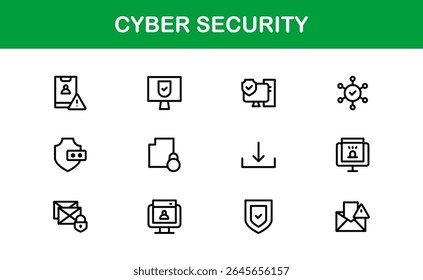 Cybersecurity Modern Line Icon Set (em inglês). Proteja ativos digitais com nossa coleção premium: segurança de rede, proteção de dados, privacidade e recursos básicos de segurança on-line.
