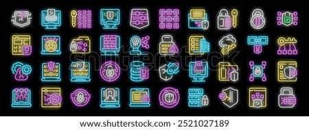 Cybersecurity neon icons featuring data encryption, secure networks, virus protection, and more