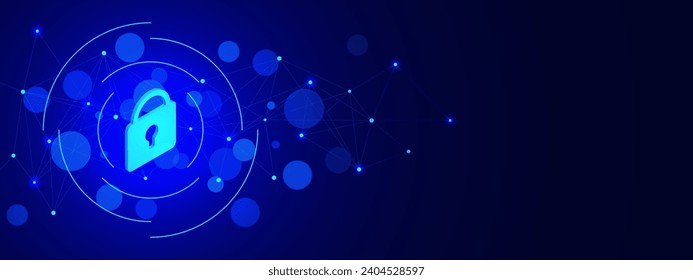 Cybersecurity or network protection concept with futuristic padlock. Connecting dots and lines. Internet connection and digital communication technology. Vector illustration.