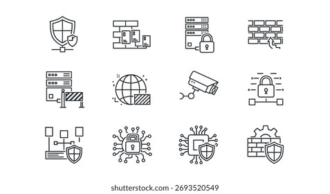 Ícones de segurança de redes de segurança cibernética que representam proteção de dados, escudo digital e vetor de computação em nuvem