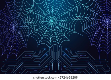 Conceito de segurança cibernética e risco de rede com teias de aranha brilhantes ligadas a caminhos de placa de circuito. Representa ameaças cibernéticas, mapeamento de vulnerabilidades e defesa digital. Ilustração do vetor azul neon de baixa poli.