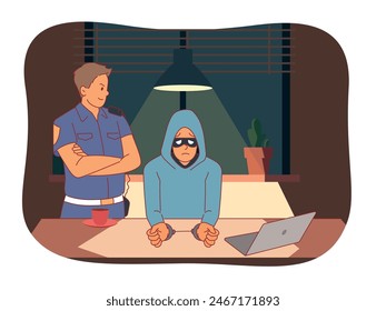 Cybersecurity on guard. Hacker and policeman, password cracker arrest, theft of data, information and money, officer fights cyber crime and thief handcuffed, vector cartoon flat isolated concept