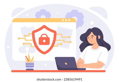 Concepto de ciberseguridad en línea. Mujer sentada en la laptop con escudo. Protección de datos e información personales. Prevención del hackeo, antivirus. Dibujo vectorial plano de dibujos animados