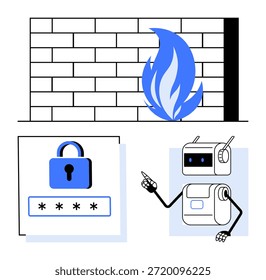 Ciberseguridad, protección en línea, sistemas seguros, seguridad digital, seguridad de la información, tecnología. Cortafuegos azul, candado con Contraseña de un robot. Ciberseguridad y protección en línea