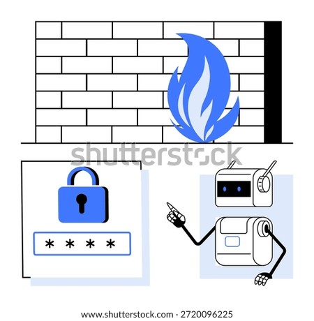 Cybersecurity, online protection, secure systems, digital safety, information security, technology. Blue firewall, padlock with password a robot. Cybersecurity and online protection