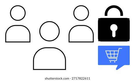 Ciberseguridad, compras en línea, protección de datos, comercio electrónico, privacidad del usuario, identidad digital. Tres perfiles de usuario, Carrito de compras de icono de candado. Tema de ciberseguridad y protección de compras en línea