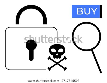 Cybersecurity, online shopping, digital privacy, fraud prevention, internet piracy, secure transactions. A padlock, magnifying glass warning skull and Buy button. Cybersecurity and fraud prevention