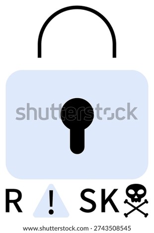 Cybersecurity, online threats, data protection, risk assessment, secure systems, threat management. Lock illustration with warning sign and skull symbol. Cybersecurity and online threat concepts