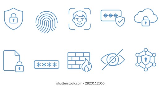 Cybersecurity outline icon collection representing authentication encryption password firewall biometric identity verification privacy cloud protection and secure technology vector illustration.