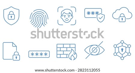 Cybersecurity outline icon collection representing authentication encryption password firewall biometric identity verification privacy cloud protection and secure technology vector illustration.