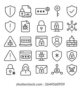 Cybersecurity outline icon set - vector icons of data protection, firewalls, passwords, and threats