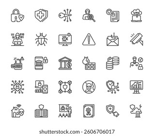 Cybersecurity outline icons set represent digital security concepts using simple, These icons include shields, locks, firewalls, encryption keys, and more, editable store line 48x48 pixel perfect icon
