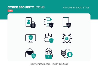 Cybersecurity outline and solid Style Icon Pack: Information Privacy, Data Protection. Glyph Pictograms on White Background. Isolated Vector Images