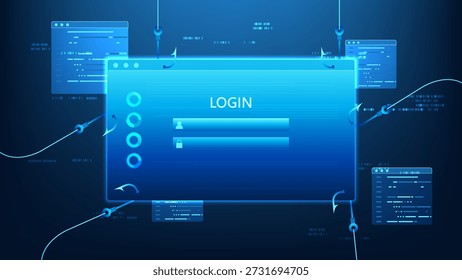 Concepto de ataque de phishing de ciberseguridad, pantalla de Inicio de sesión Contraseña con símbolo de anzuelo de pesca, robo de datos en línea y fraude de identidad, amenaza de ciberdelito, piratería informática, riesgo de seguridad digital, estafador de Internet