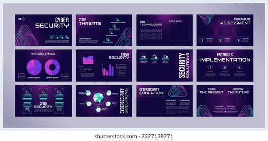 Cybersecurity presentation templates set. Cybercrime prevention. Security awareness. Ready made PPT slides on purple background. Graphic design. Roboto Light, Bebas Neue, Audiowide fonts used