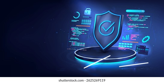 Cybersecurity and privacy protection. 3D illustration of glowing shield with code, verification tools, data encryption. 3D futuristic illustration of cybersecurity and online protection. Vector banner
