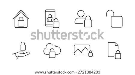 Cybersecurity and privacy set icon. Locked house, mobile, user, open, hand, cloud, photo, fileoutlined for digital protection and secure access concepts.