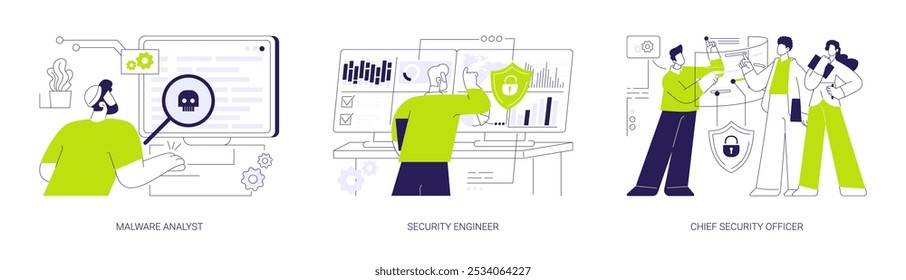 Profissões de segurança cibernética conceito abstrato vetor ilustração conjunto. Analista profissional de malware examina vírus de computador, engenheiro de segurança no trabalho, diretor de data center, metáfora abstrata.