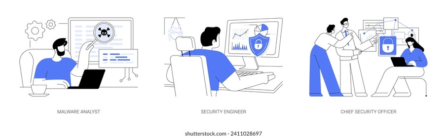 Cybersecurity professions isolated cartoon vector illustrations set. Professional malware analyst examines computer viruses, security engineer at work, chief datacenter officer vector cartoon.