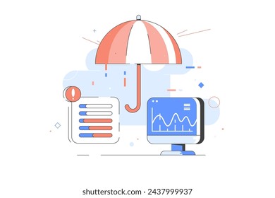 Cybersecurity. Protect data digital technology concept. Vector flat illustration of umbrella, computer, tablet and telephone. Design element for web