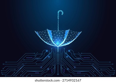 Ciberseguridad, protección y seguridad digital. Paraguas de polígono brillante que se abre sobre la placa de circuito, que simboliza la defensa de datos, seguros, sistemas seguros. Estilo futurista del neón, Ilustración vectorial azul