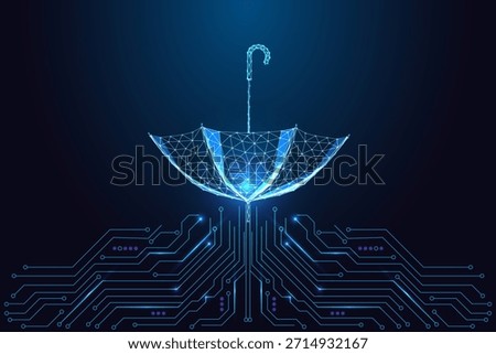 Cybersecurity, protection and digital safety. Glowing polygon umbrella opening above circuit board, symbolizing data defense, insurance, secure systems. Futuristic neon style, blue vector illustration