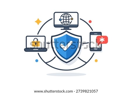  Cybersecurity protection expressed through interconnected devices wrapped by a single shield icon, symbolizing network security and unified