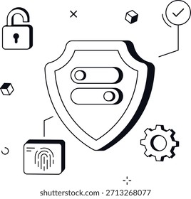 Protección de ciberseguridad con escaneo de huellas dactilares y Ilustración vectorial plana isométrica de seguridad de bloqueo