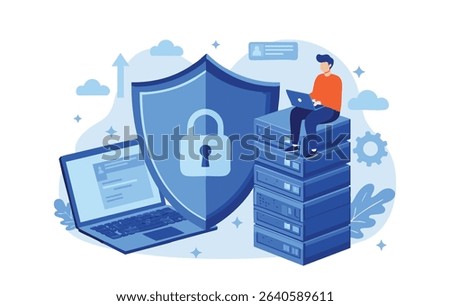 Cybersecurity Protection Flat Illustration of Data Security and Online Privacy, Featuring a Person Working on Secure Servers with a Protective Shield