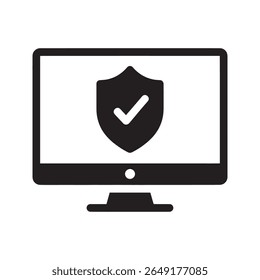 Cybersecurity protection icon with computer monitor and shield for online data safety virus prevention and secure network system technology vector solid glyph icon