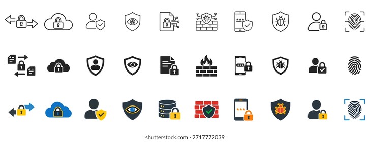 Ícones de proteção da segurança cibernética definidos com segurança de dados, privacidade, firewall e símbolos de autenticação