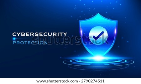 Cybersecurity protection secure shield verification technology concept with glowing digital icon on dark blue futuristic background.
Modern security banner vector for data privacy, network defense, authentication, and business presentation.