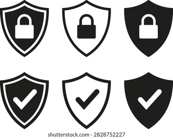 Cybersecurity protective shield element pack, minimalist flat style, encrypted data, locked access, safety, checkmark, and privacy
