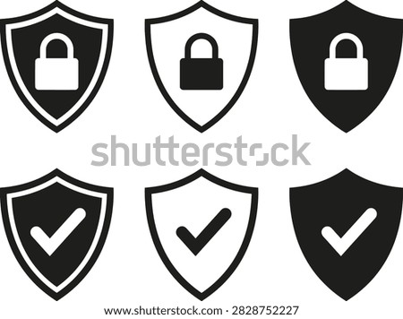Cybersecurity protective shield element pack, minimalist flat style, encrypted data, locked access, safety, checkmark, and privacy