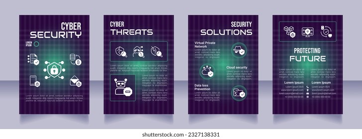 Cybersecurity purple premade brochure template. Computer science. Cybercrime prevention booklet design with icons, copy space. Editable 4 layouts. Bebas Neue, Audiowide, Roboto Light fonts used