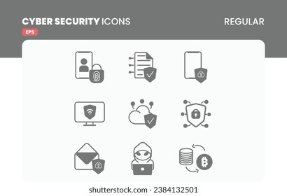 Cybersecurity Regular Style Icon Pack: Information Privacy, Data Protection. Glyph Pictograms on White Background. Isolated Vector Images