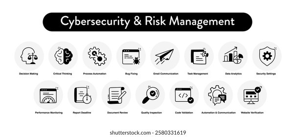 Cybersecurity and Risk Management Icon Set – Data Protection, Web Security, and Threat Prevention