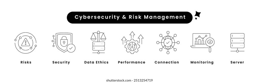 Cybersecurity and Risk Management. Icons included: Cyber Security, Risk Analytics, Data Ethics, Secure Connection, Monitoring, Server, Data Analysis, Performance.