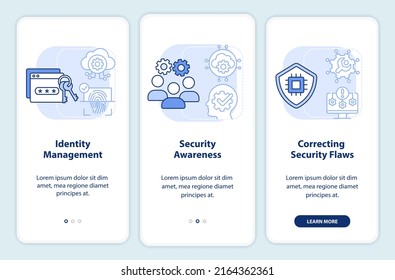 Cybersecurity risk management light blue onboarding mobile app screen. Walkthrough 3 steps graphic instructions pages with linear concepts. UI, UX, GUI template. Myriad Pro-Bold, Regular fonts used